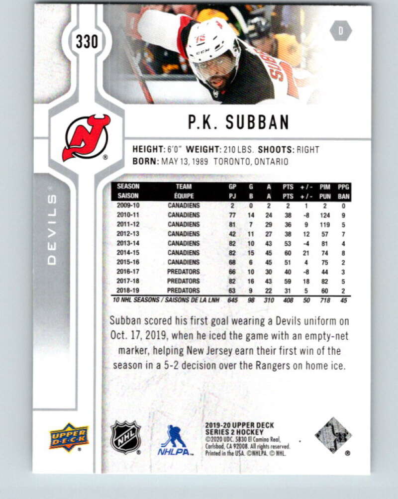 2019-20 Upper Deck #330 P.K. Subban Mint New Jersey Devils  Image 2