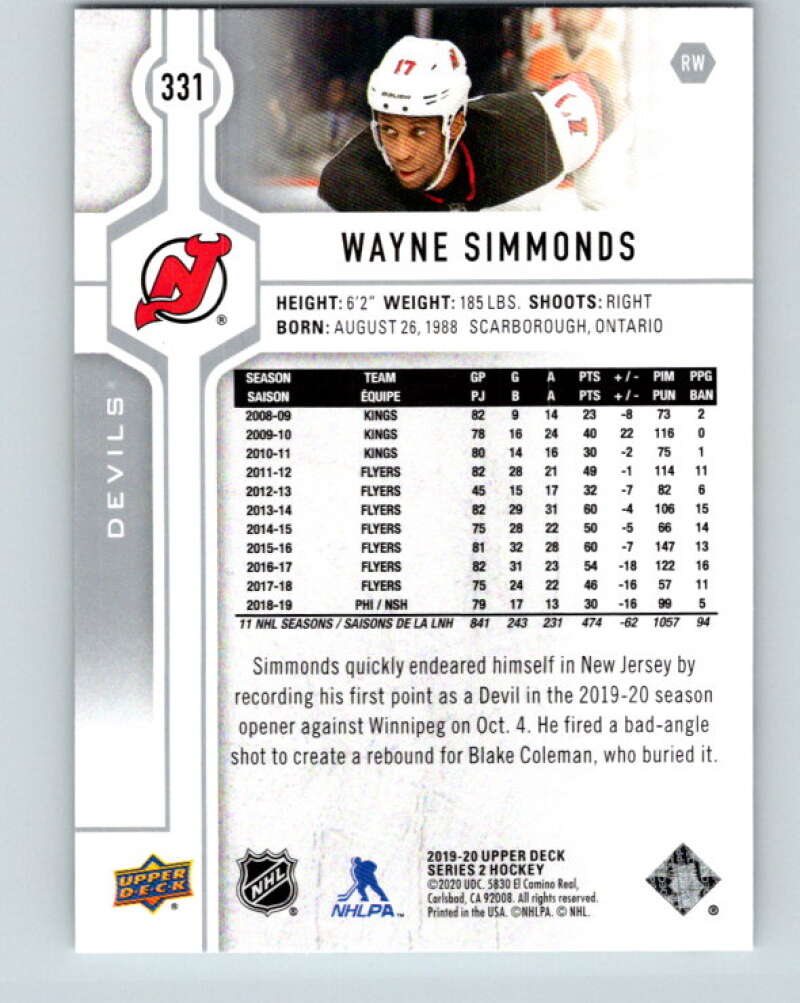 2019-20 Upper Deck #331 Wayne Simmonds Mint New Jersey Devils  Image 2