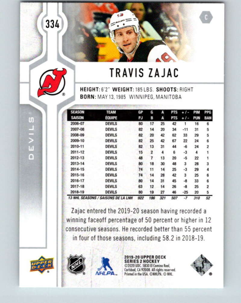 2019-20 Upper Deck #334 Travis Zajac Mint New Jersey Devils  Image 2