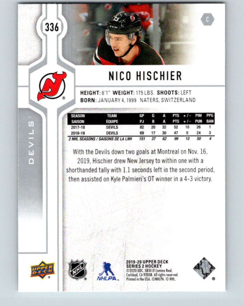 2019-20 Upper Deck #336 Nico Hischier Mint New Jersey Devils  Image 2
