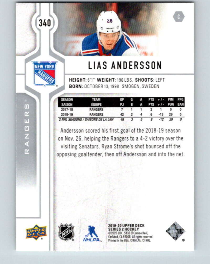 2019-20 Upper Deck #340 Lias Andersson Mint New York Rangers  Image 2