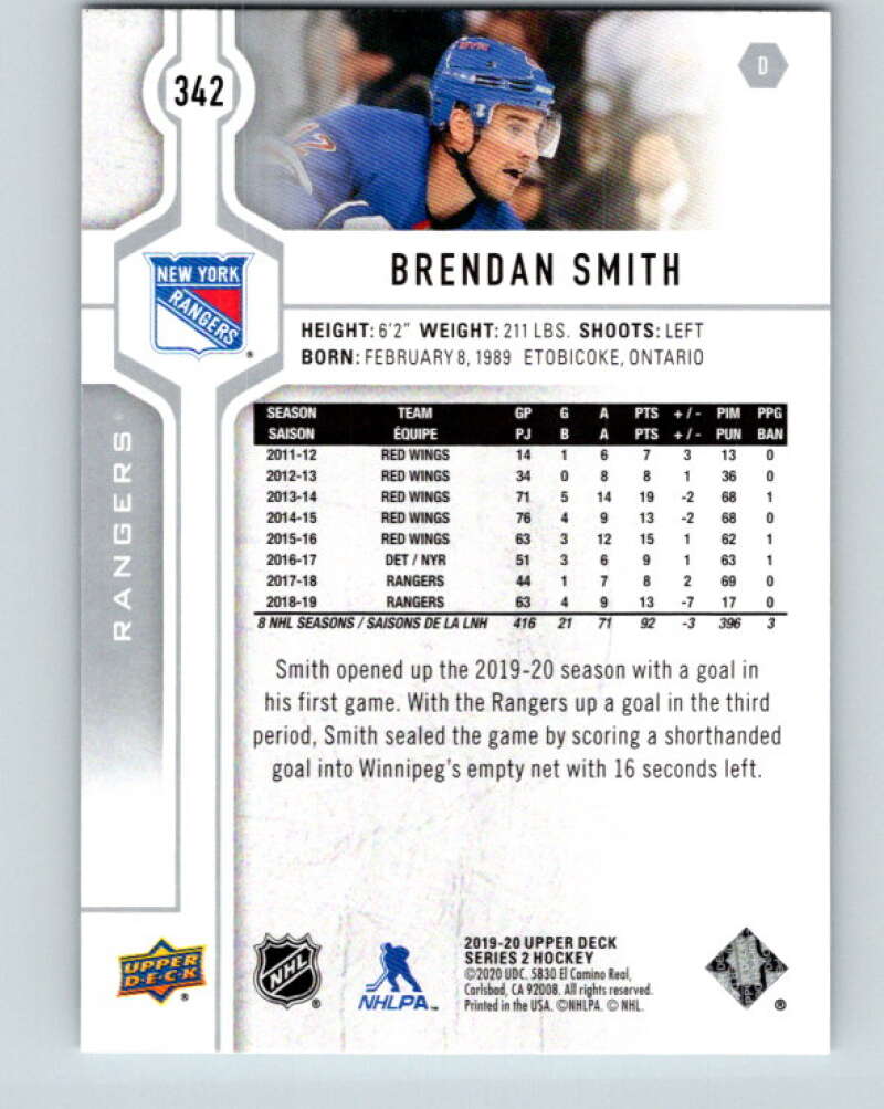 2019-20 Upper Deck #342 Brendan Smith Mint New York Rangers  Image 2