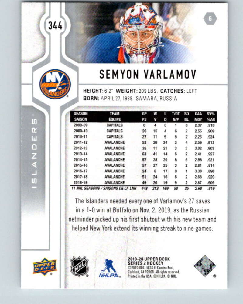 2019-20 Upper Deck #344 Semyon Varlamov Mint New York Islanders
