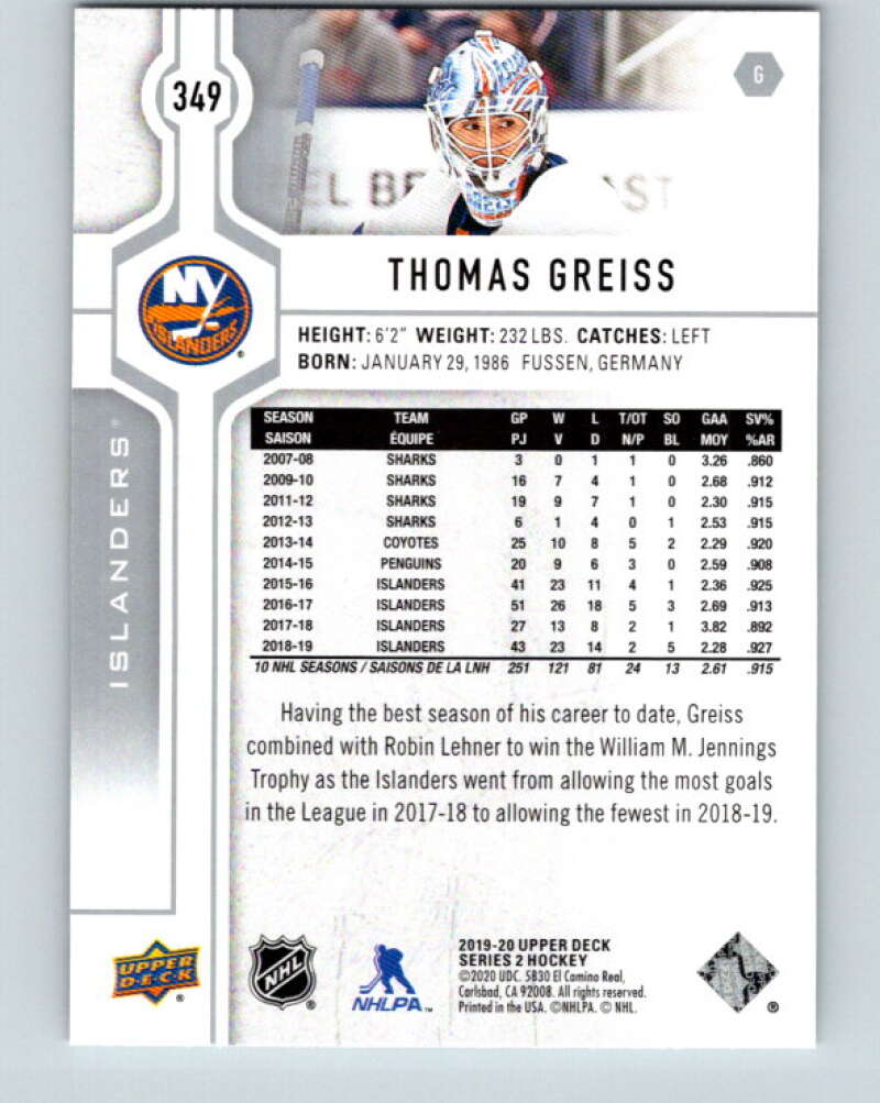 2019-20 Upper Deck #349 Thomas Greiss Mint New York Islanders  Image 2