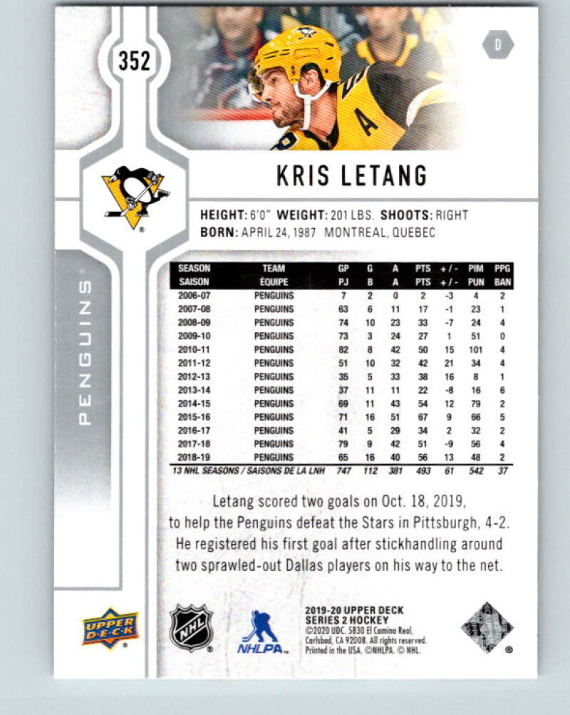 2019-20 Upper Deck #352 Kris Letang Mint Pittsburgh Penguins  Image 2