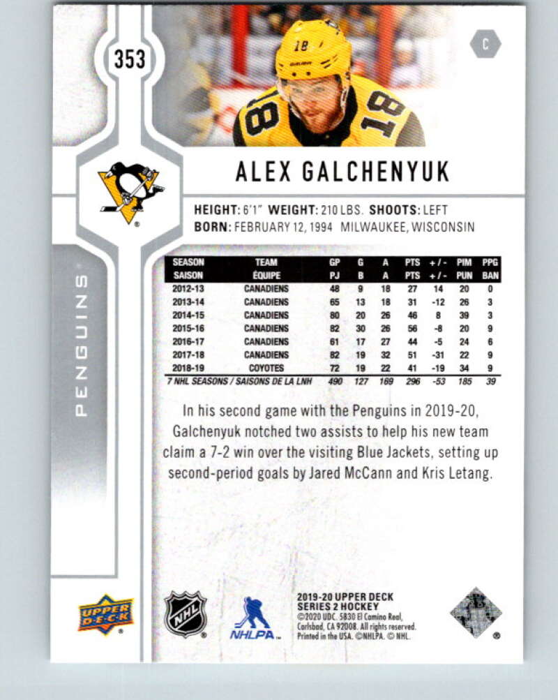 2019-20 Upper Deck #353 Alex Galchenyuk Mint Pittsburgh Penguins  Image 2