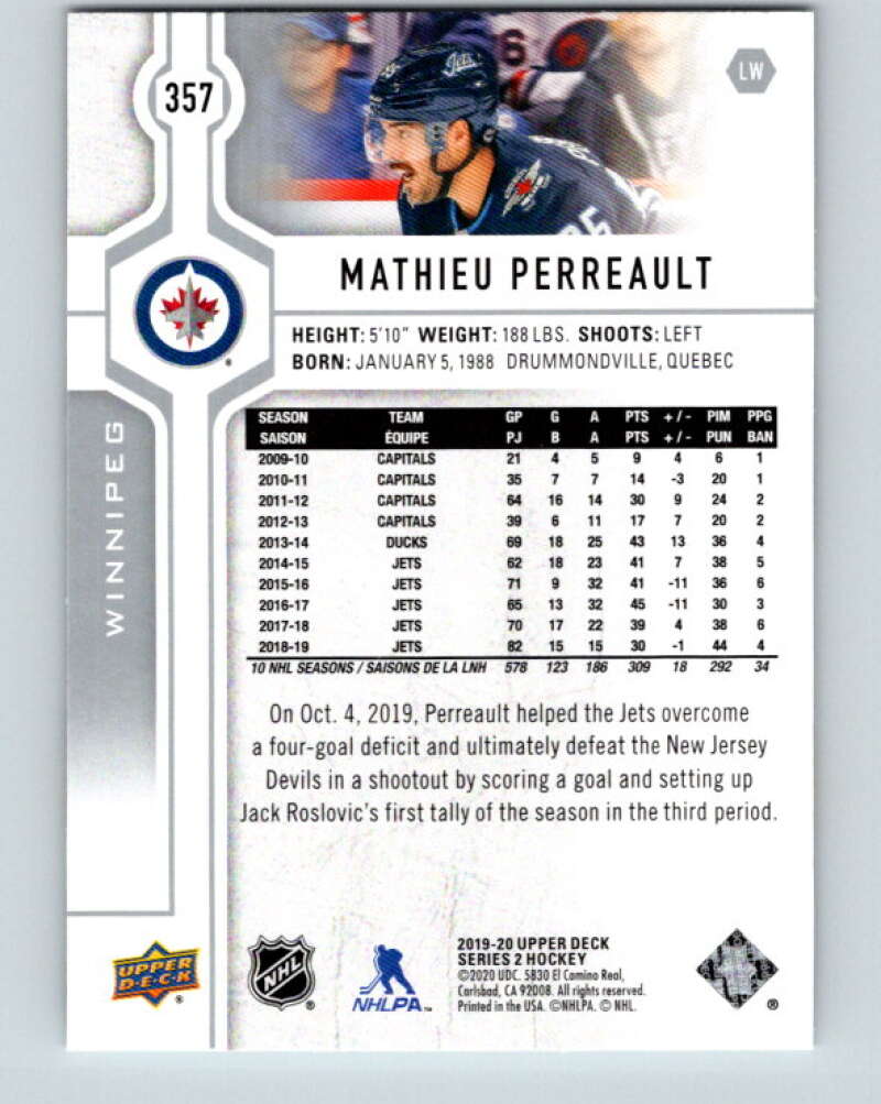 2019-20 Upper Deck #357 Mathieu Perreault Mint Winnipeg Jets  Image 2