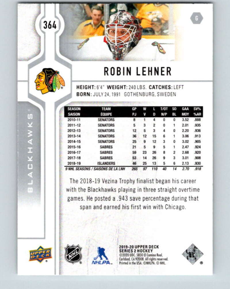 2019-20 Upper Deck #364 Robin Lehner Mint Chicago Blackhawks  Image 2