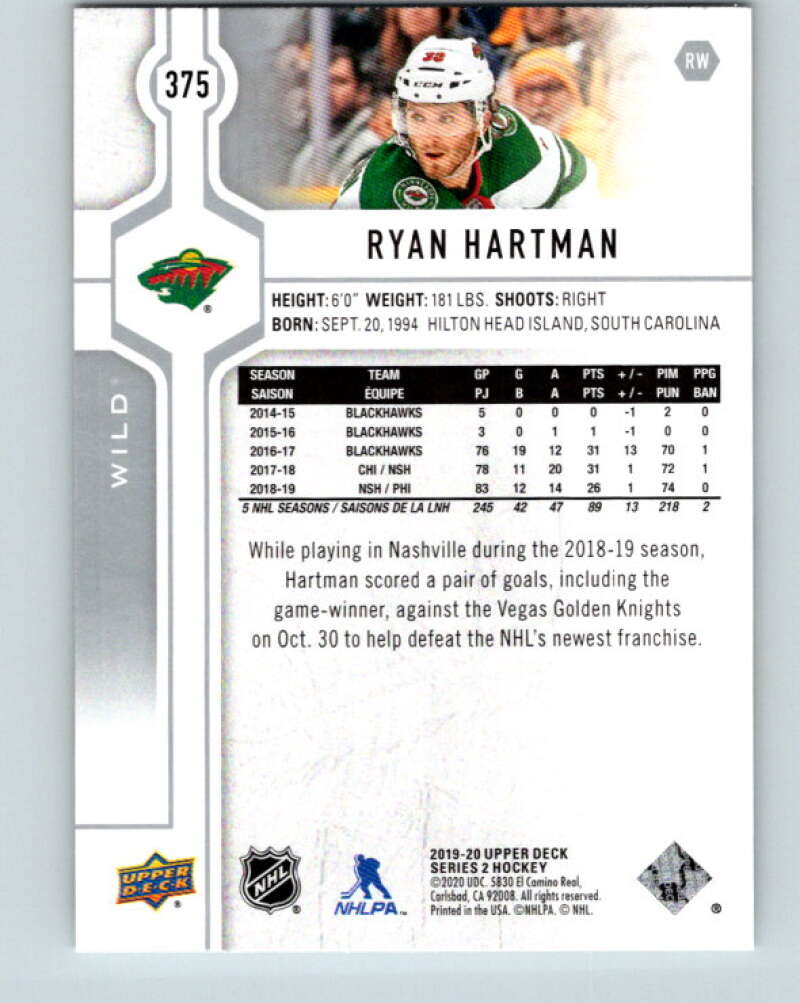 2019-20 Upper Deck #375 Ryan Hartman Mint Minnesota Wild  Image 2