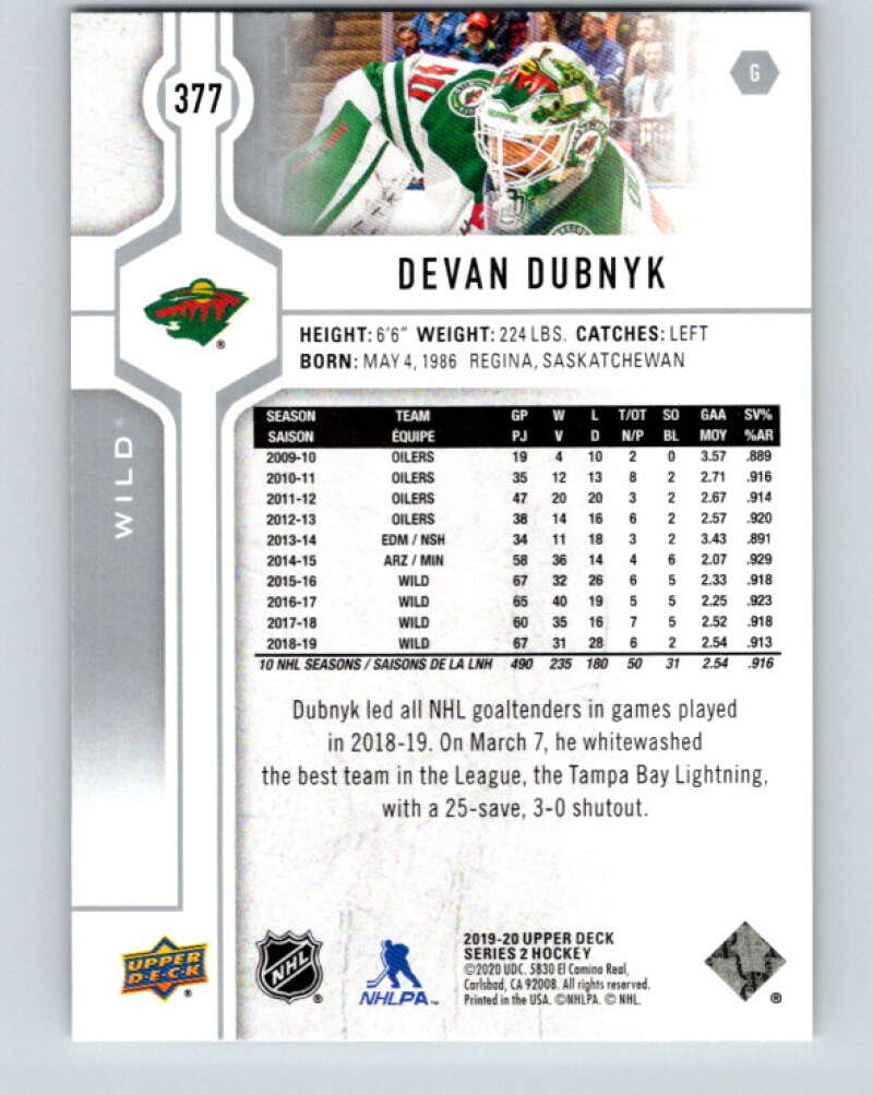 2019-20 Upper Deck #377 Devan Dubnyk Mint Minnesota Wild  Image 2