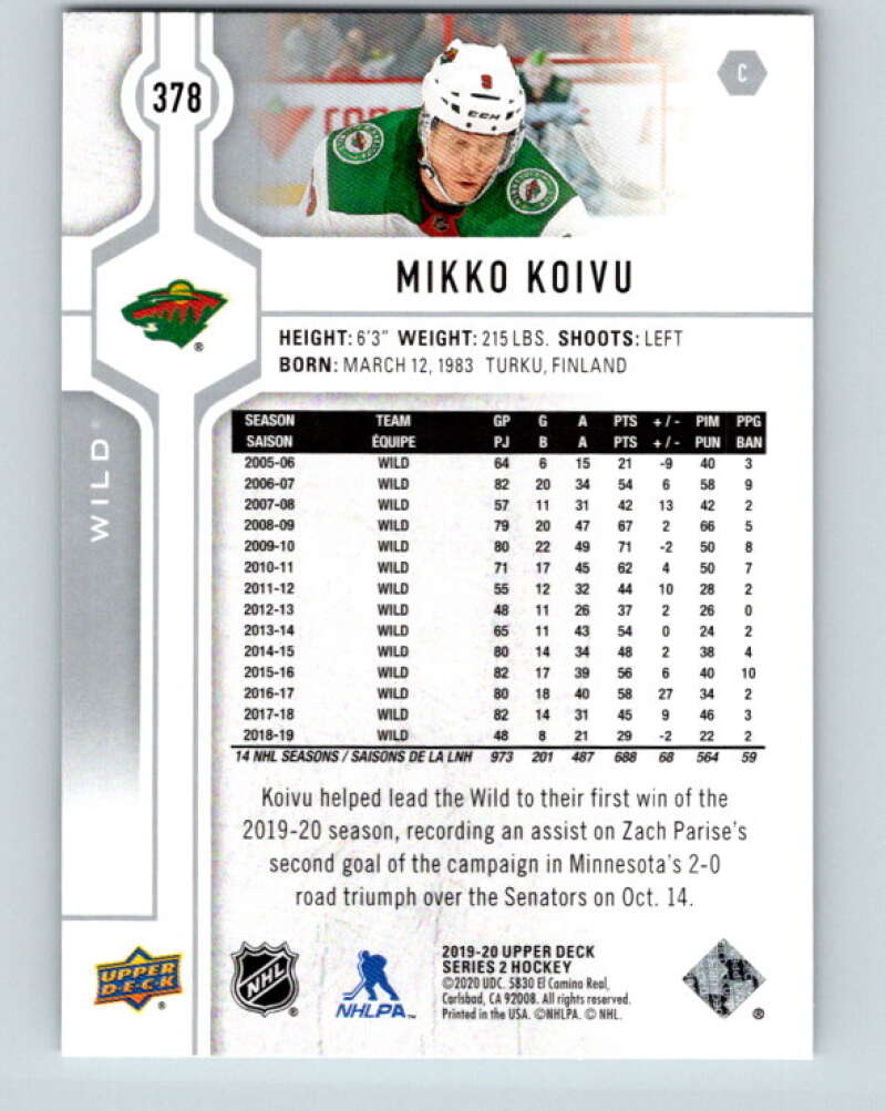 2019-20 Upper Deck #378 Mikko Koivu Mint Minnesota Wild  Image 2