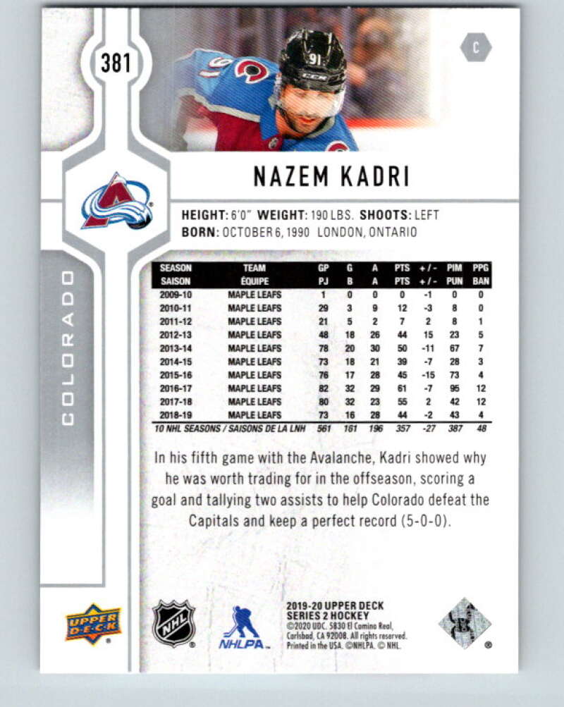 2019-20 Upper Deck #381 Nazem Kadri Mint Colorado Avalanche  Image 2