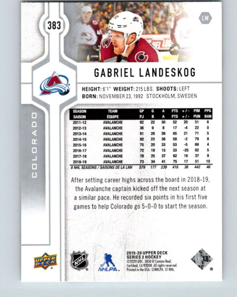 2019-20 Upper Deck #383 Gabriel Landeskog Mint Colorado Avalanche  Image 2