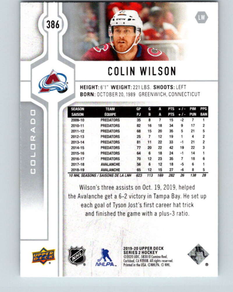 2019-20 Upper Deck #386 Colin Wilson Mint Colorado Avalanche  Image 2