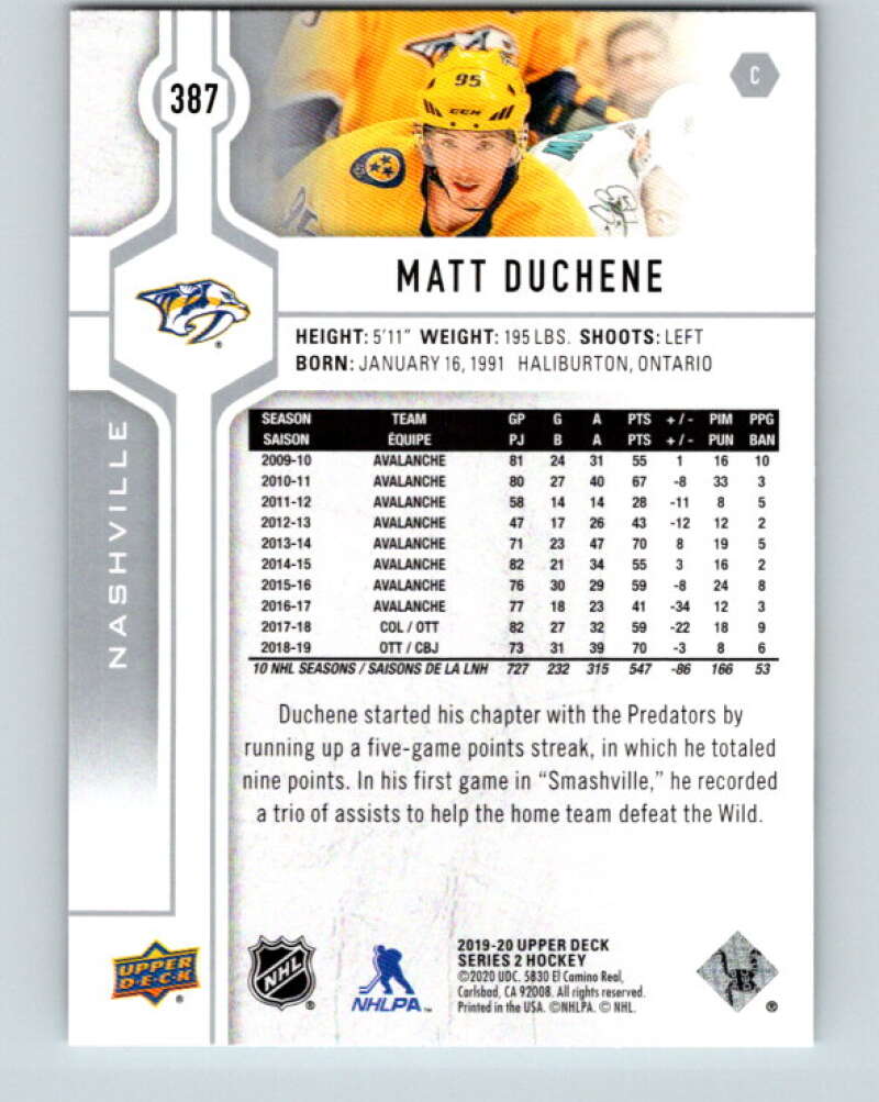 2019-20 Upper Deck #387 Matt Duchene Mint Nashville Predators  Image 2