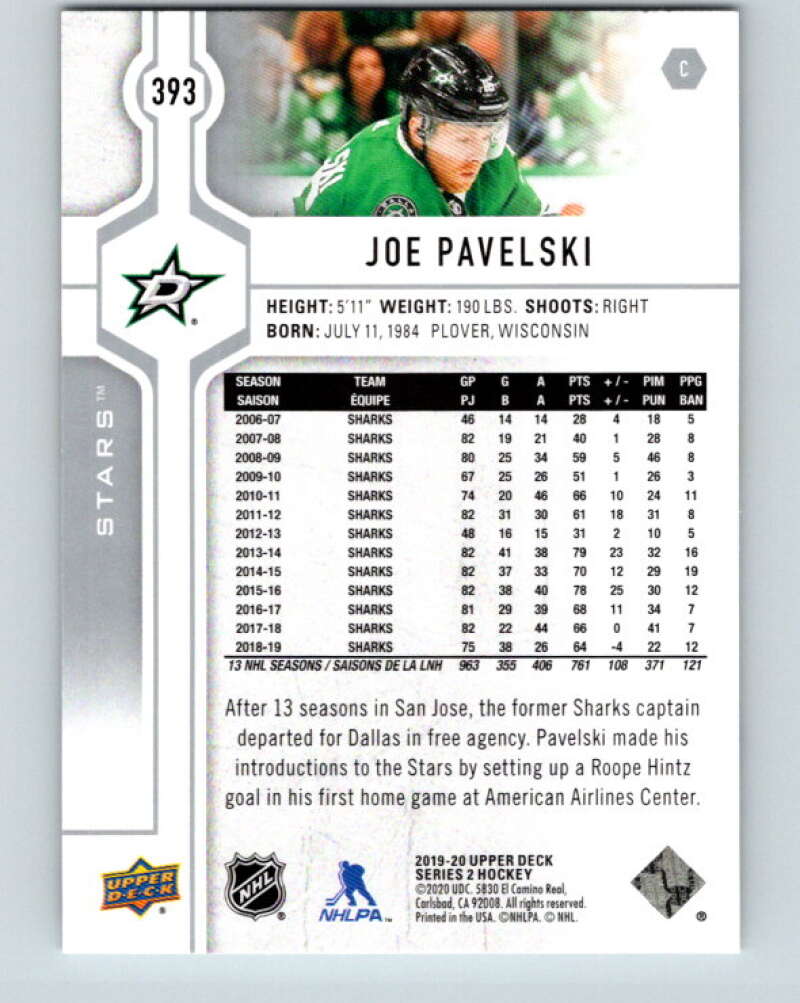 2019-20 Upper Deck #393 Joe Pavelski Mint Dallas Stars  Image 2