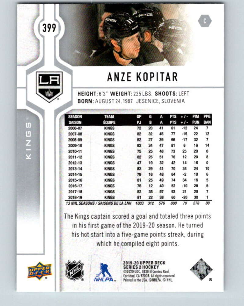 2019-20 Upper Deck #399 Anze Kopitar Mint Los Angeles Kings  Image 2