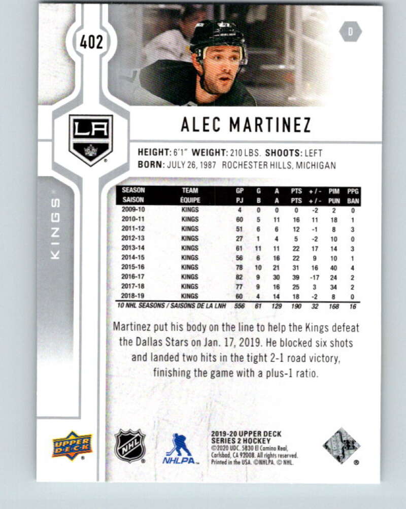 2019-20 Upper Deck #402 Alec Martinez Mint Los Angeles Kings  Image 2