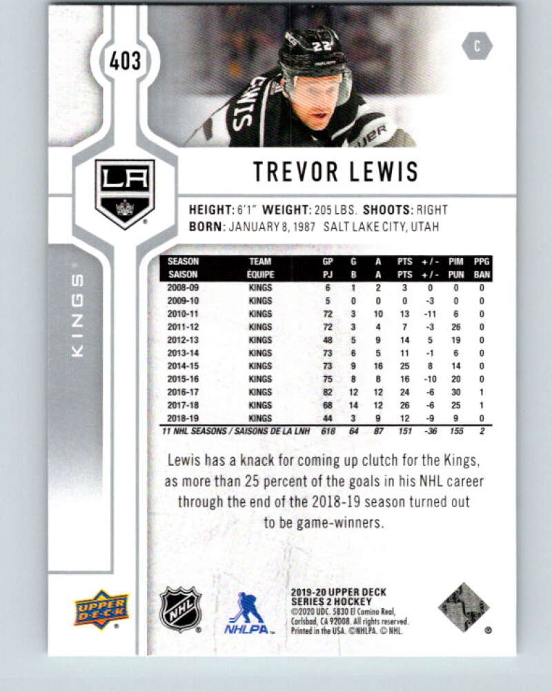 2019-20 Upper Deck #403 Trevor Lewis Mint Los Angeles Kings  Image 2