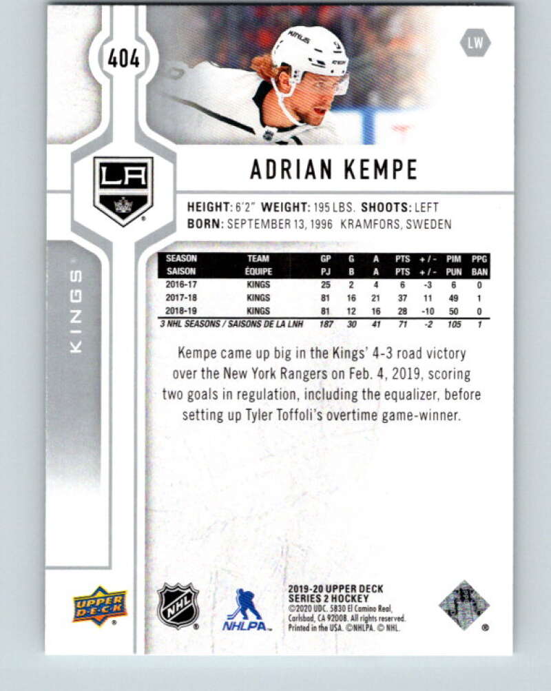 2019-20 Upper Deck #404 Adrian Kempe Mint Los Angeles Kings  Image 2