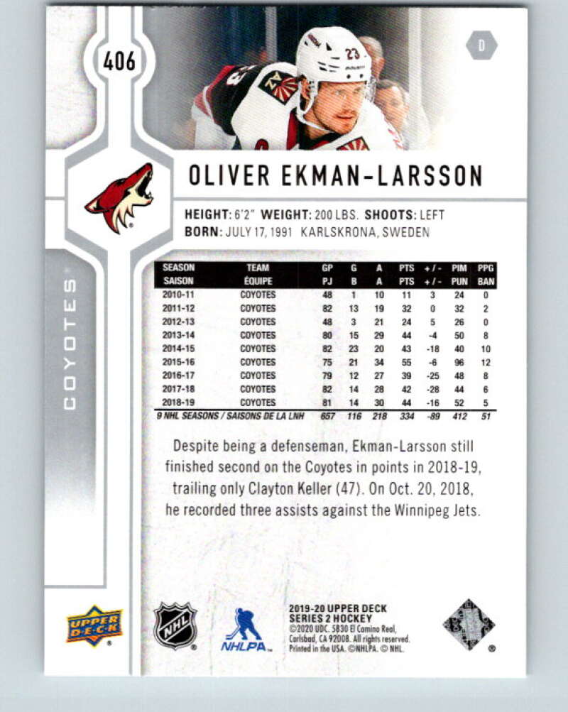 2019-20 Upper Deck #406 Oliver Ekman-Larsson Mint Arizona Coyotes  Image 2