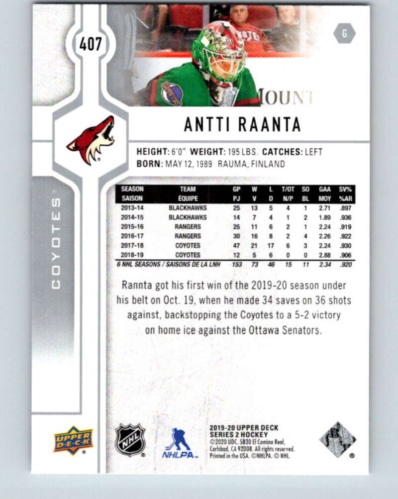 2019-20 Upper Deck #407 Antti Raanta Mint Arizona Coyotes  Image 2