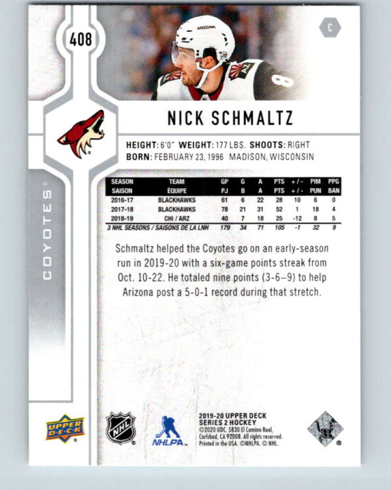 2019-20 Upper Deck #408 Nick Schmaltz Mint Arizona Coyotes  Image 2