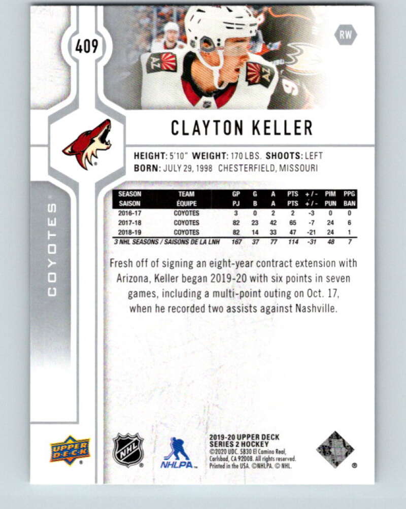 2019-20 Upper Deck #409 Clayton Keller Mint Arizona Coyotes  Image 2
