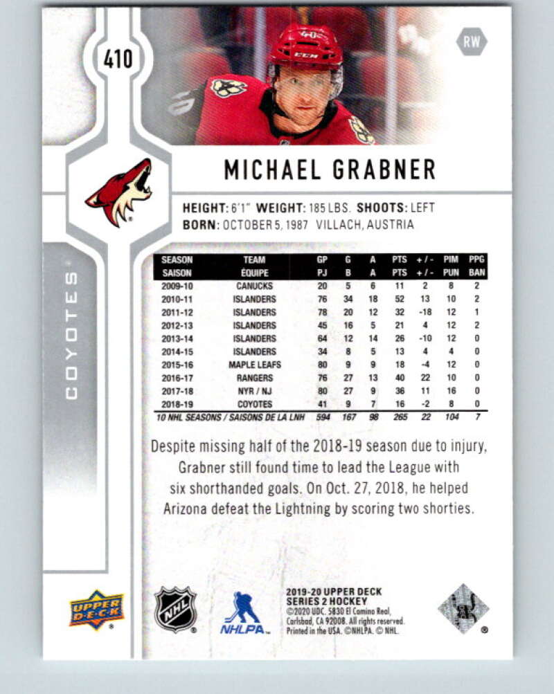2019-20 Upper Deck #410 Michael Grabner Mint Arizona Coyotes  Image 2