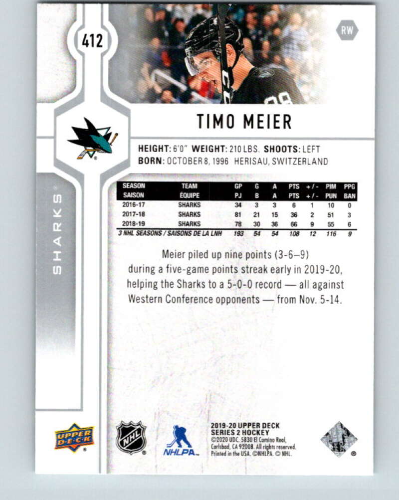 2019-20 Upper Deck #412 Timo Meier Mint San Jose Sharks  Image 2