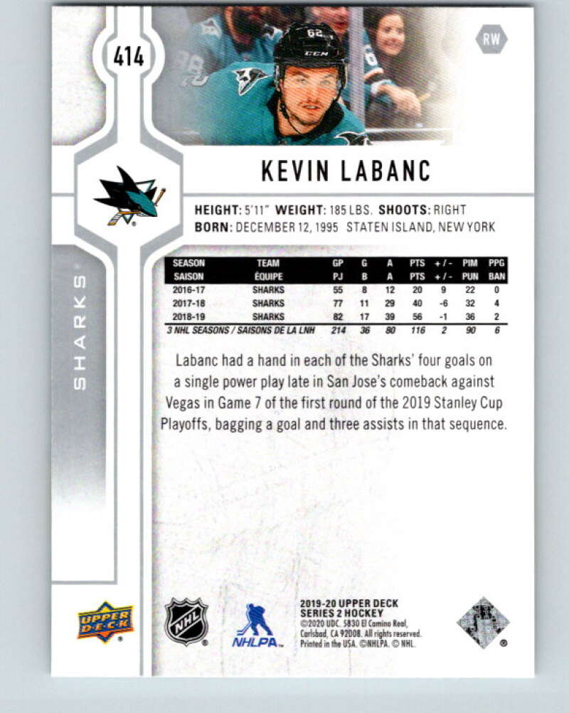 2019-20 Upper Deck #414 Kevin Labanc Mint San Jose Sharks  Image 2