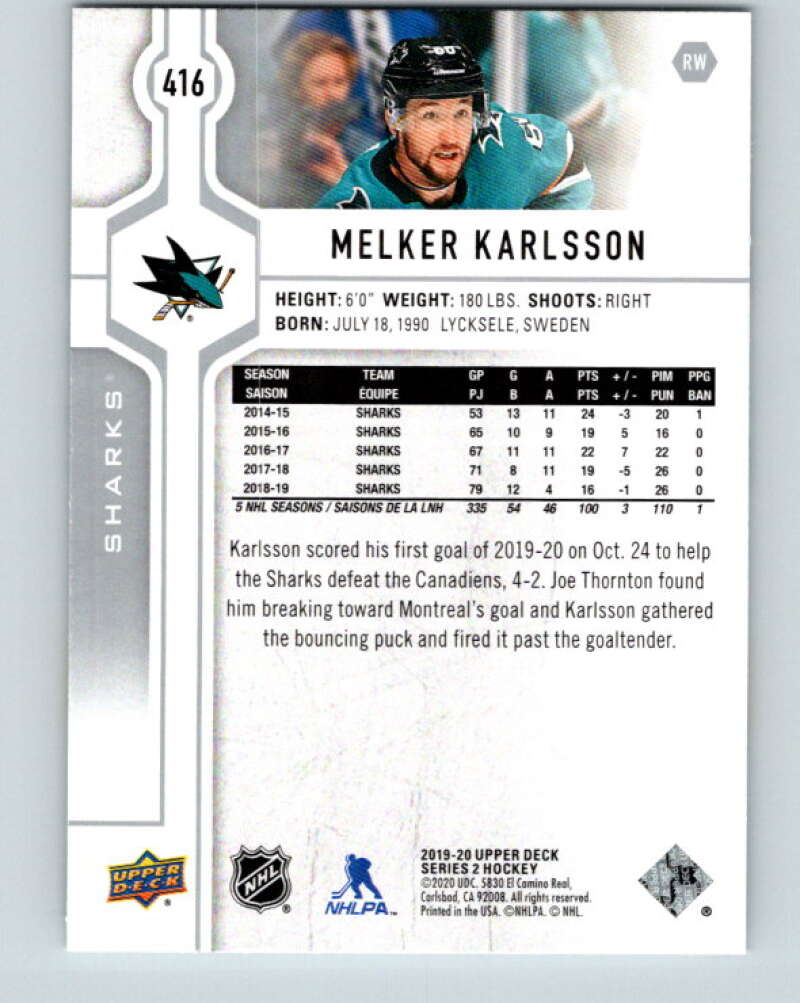 2019-20 Upper Deck #416 Melker Karlsson Mint San Jose Sharks  Image 2