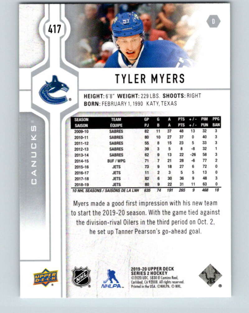 2019-20 Upper Deck #417 Tyler Myers Mint Vancouver Canucks  Image 2