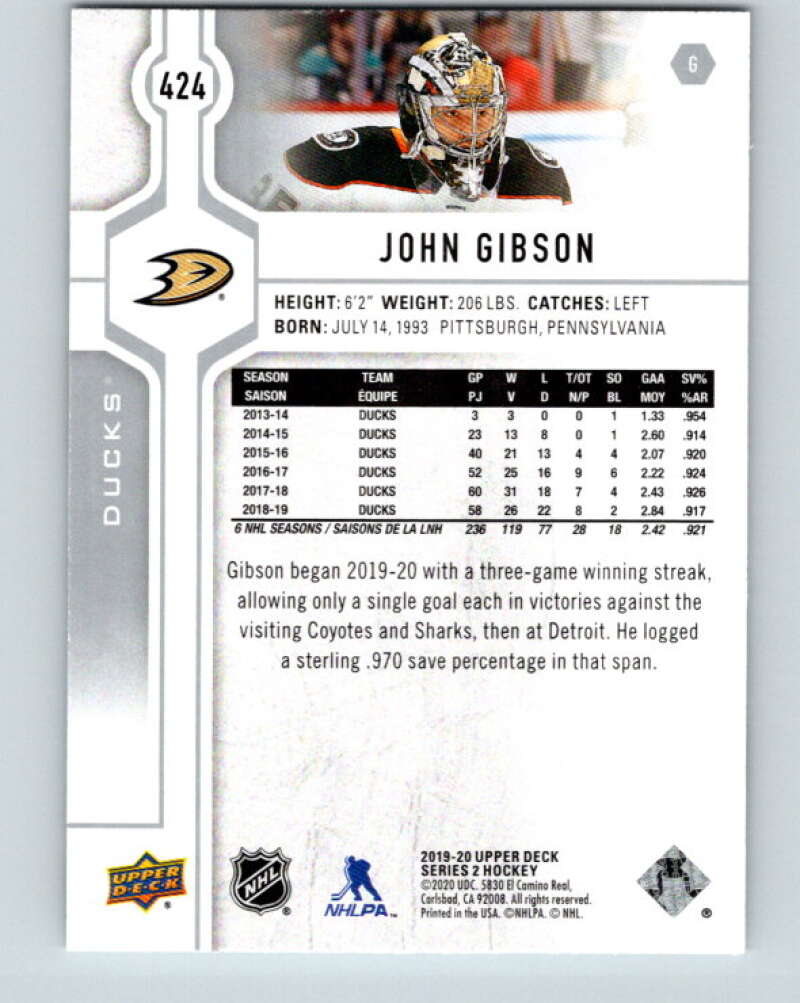 2019-20 Upper Deck #424 John Gibson Mint Anaheim Ducks  Image 2
