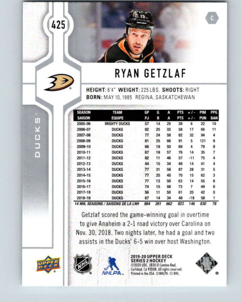 2019-20 Upper Deck #425 Ryan Getzlaf Mint Anaheim Ducks
