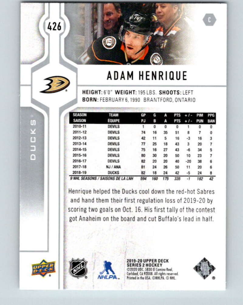 2019-20 Upper Deck #426 Adam Henrique Mint Anaheim Ducks  Image 2