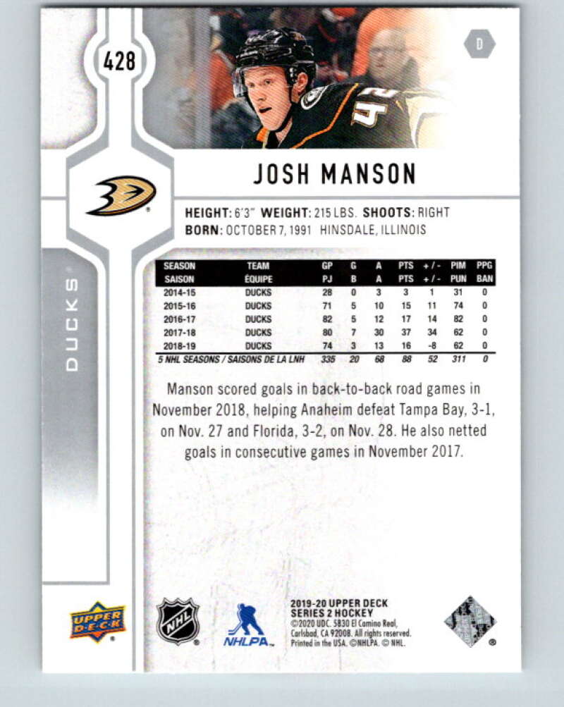 2019-20 Upper Deck #428 Josh Manson Mint Anaheim Ducks  Image 2