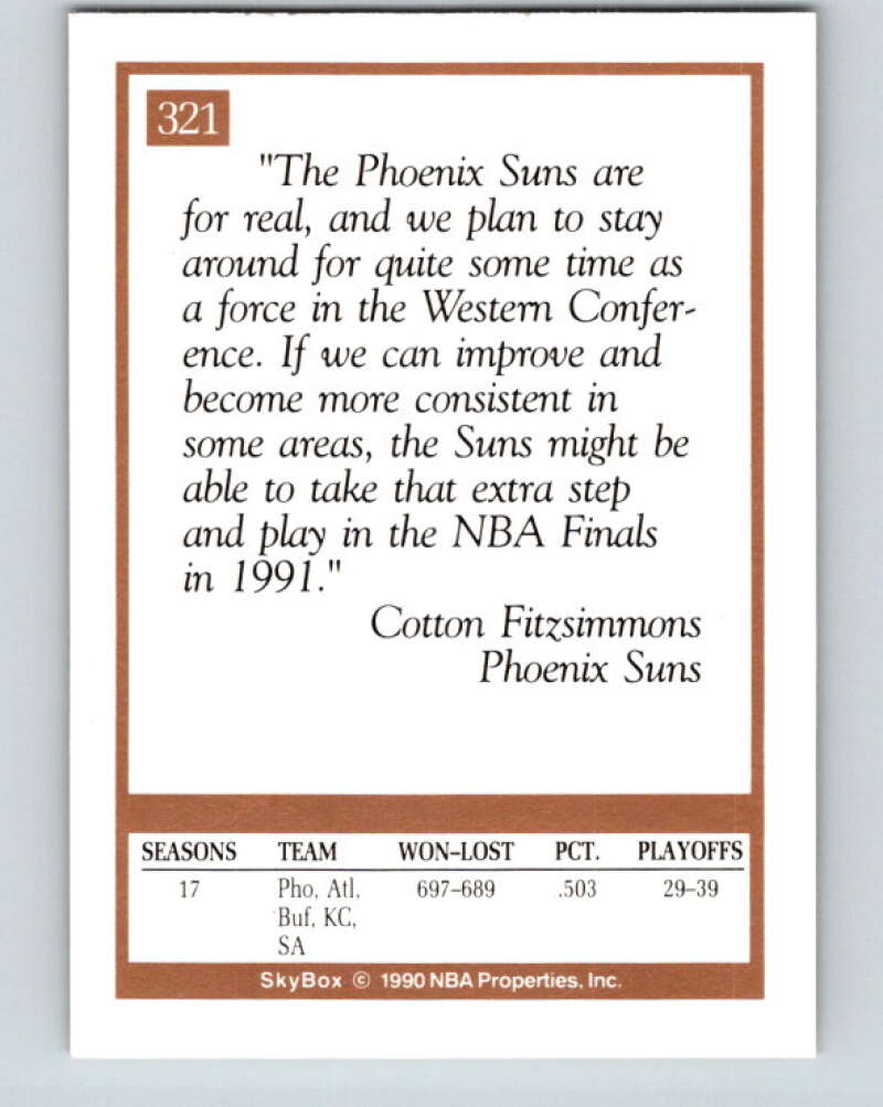 1990-91 SkyBox #321 Cotton Fitzsimmons CO Mint Phoenix Suns  Image 2