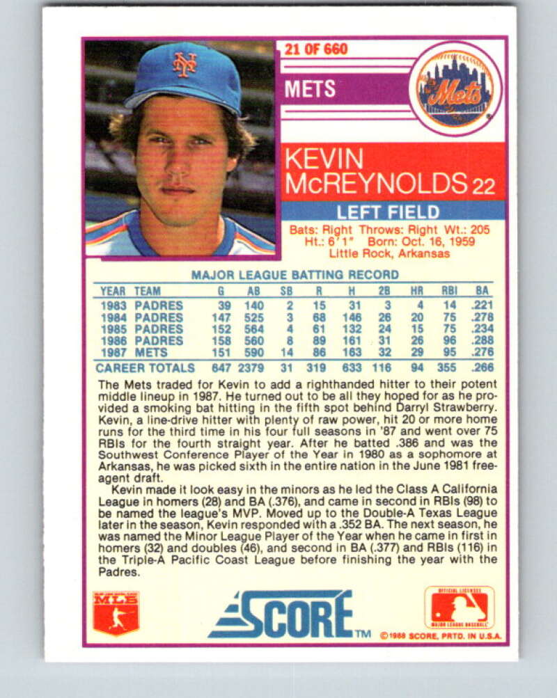 1988 Score #21 Kevin McReynolds Mint New York Mets  Image 2