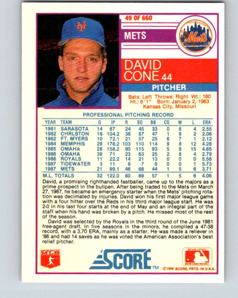 1988 Score #49 David Cone Mint New York Mets  Image 2