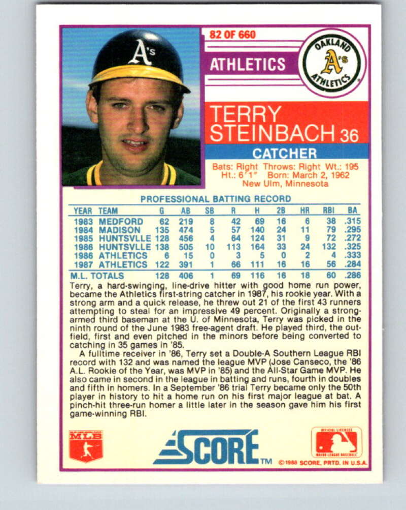 1988 Score #82 Terry Steinbach Mint Oakland Athletics  Image 2