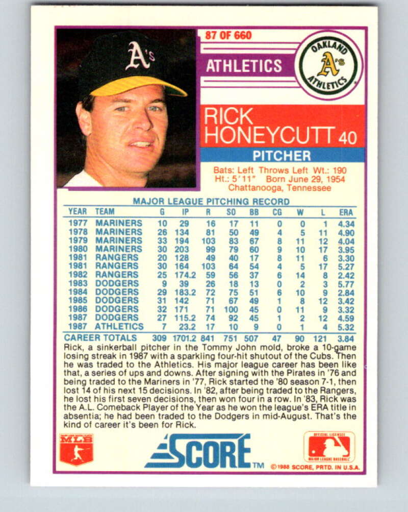 1988 Score #87 Rick Honeycutt UER Mint Oakland Athletics  Image 2