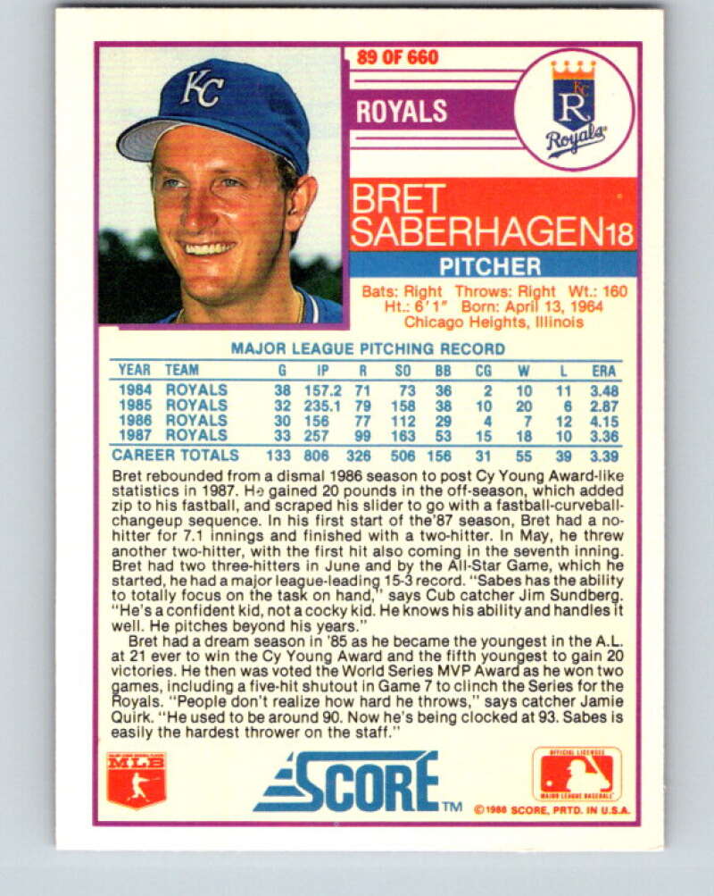 1988 Score #89 Bret Saberhagen Mint Kansas City Royals  Image 2