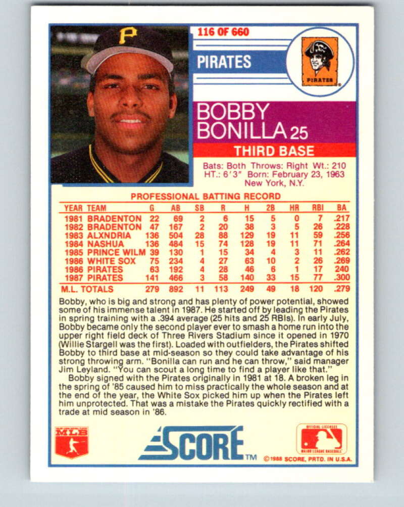 1988 Score #116 Bobby Bonilla Mint Pittsburgh Pirates  Image 2