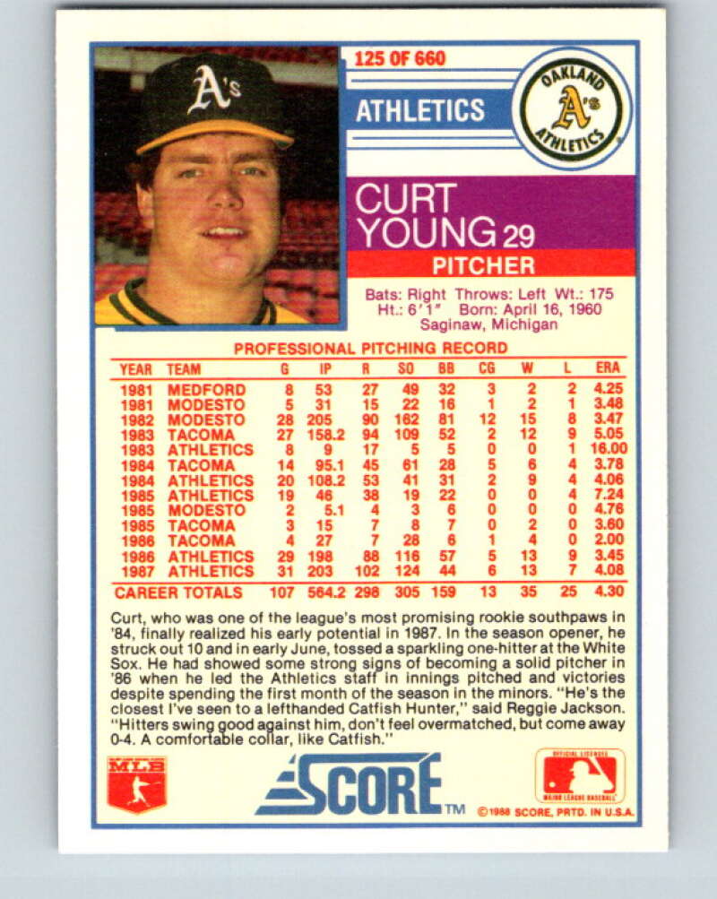 1988 Score #125 Curt Young Mint Oakland Athletics  Image 2