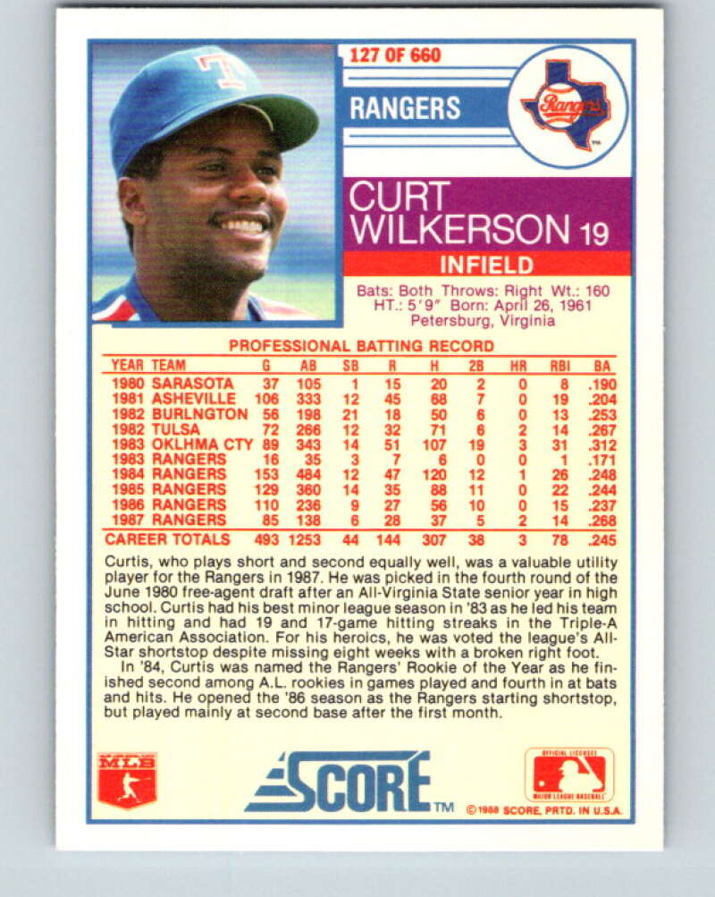 1988 Score #127 Curtis Wilkerson Mint Texas Rangers  Image 2