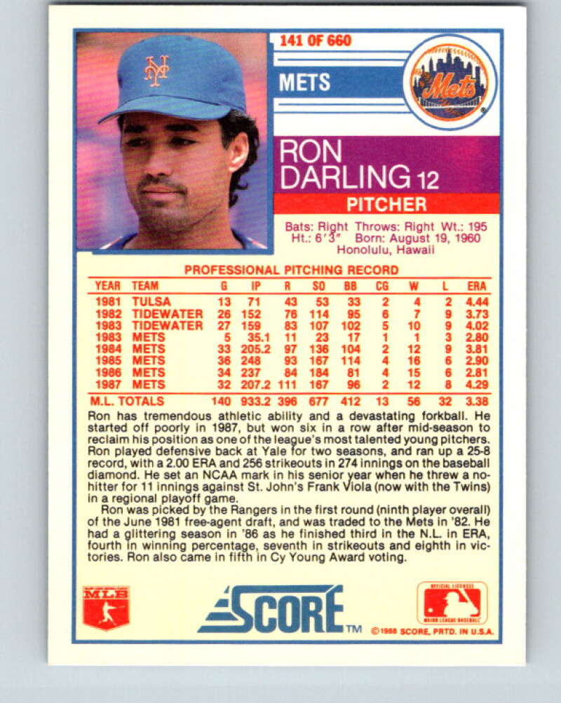 1988 Score #141 Ron Darling Mint New York Mets  Image 2