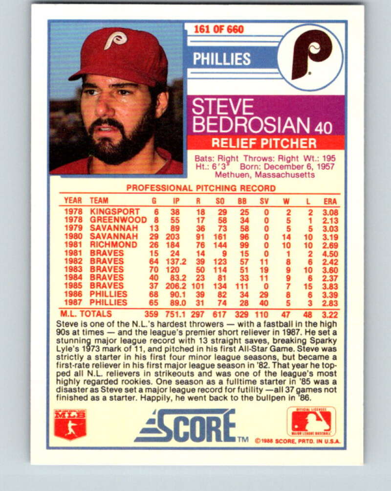 1988 Score #161 Steve Bedrosian Mint Philadelphia Phillies  Image 2