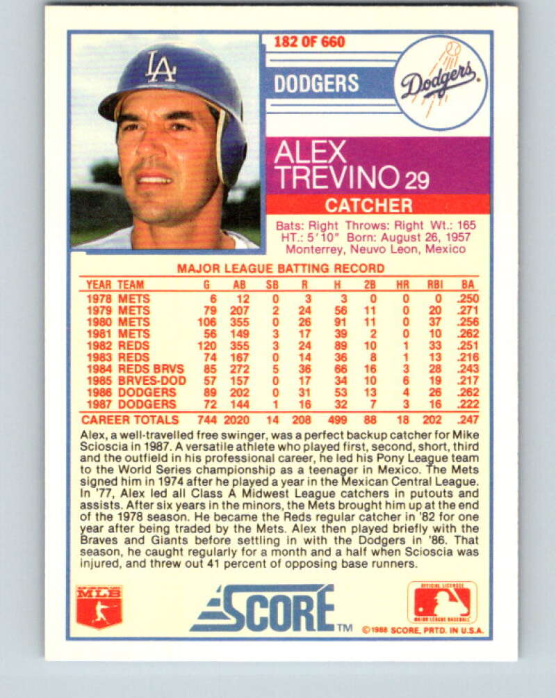 1988 Score #182 Alex Trevino Mint Los Angeles Dodgers  Image 2