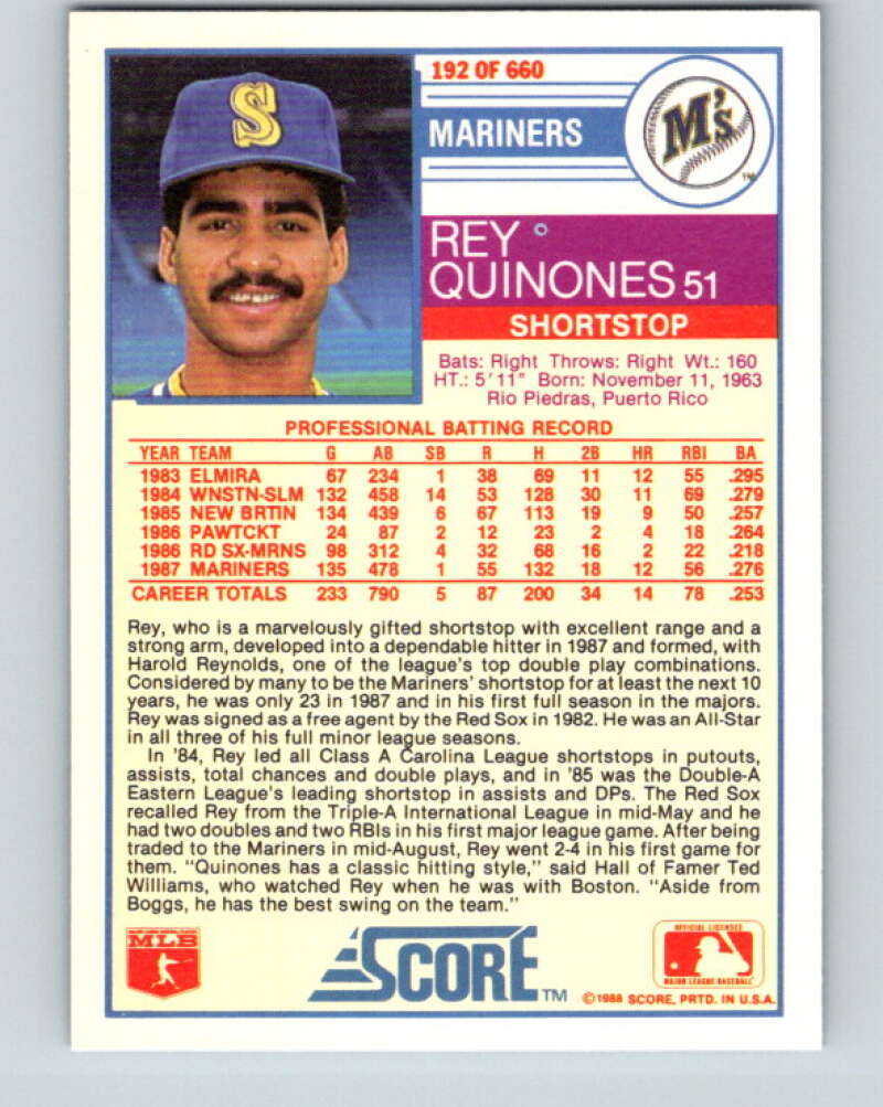 1988 Score #192 Rey Quinones Mint Seattle Mariners  Image 2